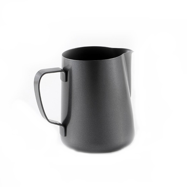 Cana pentru spumarea laptelui, Otel inoxidabil, 400 ml, 15 x 14 x 12cm, negru