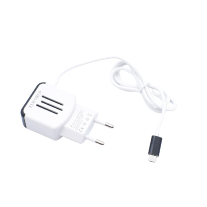 Мрежово зарядно, Бързо зареждане, 2xusb, Microusb, 5-v, 2.1a, Модерно, Ергономично, Черно/бяло