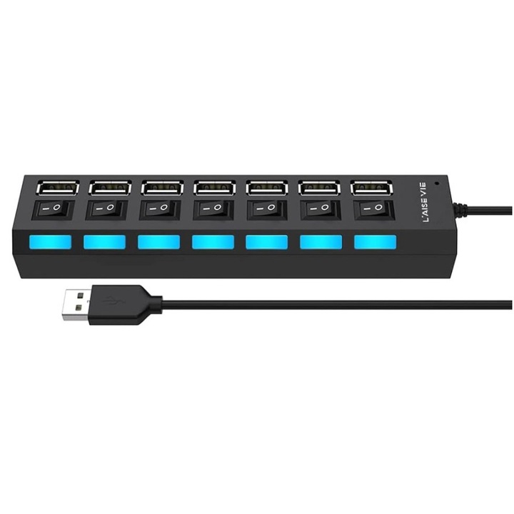 Hub 7n1, USB 2.0, Buton ON/OFF, Iluminare LED, 16.5x3.5x2 cm, Negru