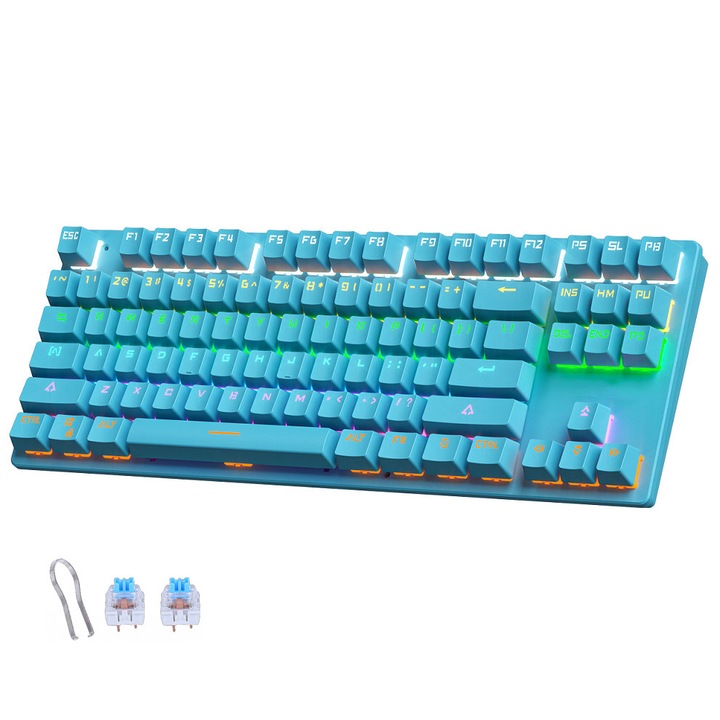 Tastatura mecanica gaming, WELUOT, ABS, Iluminare RGB, Comutator Outemu, Albastru