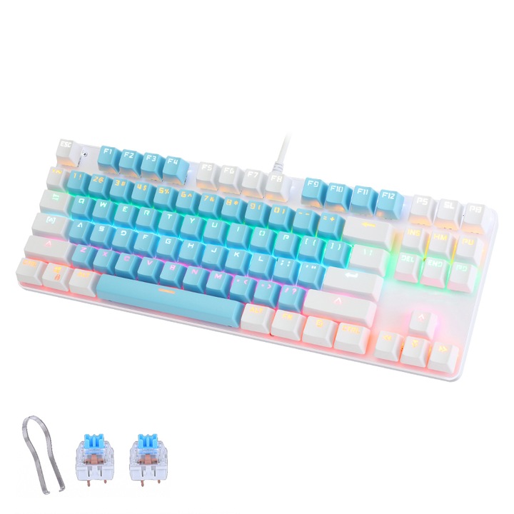 Tastatura mecanica gaming, WELUOT, ABS, Iluminare RGB, Comutator Outemu, Alb/Albastru