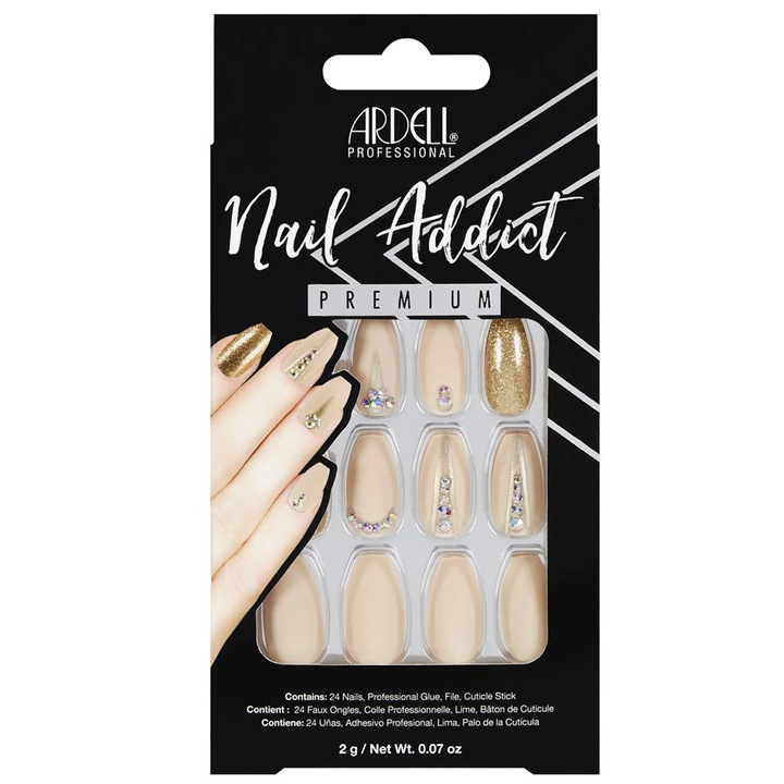 Set Unghii false 24 buc + Adeziv + Pila 1 buc + Stick pentru cuticule 1 buc, Ardell Nail Addict, nude jeweled