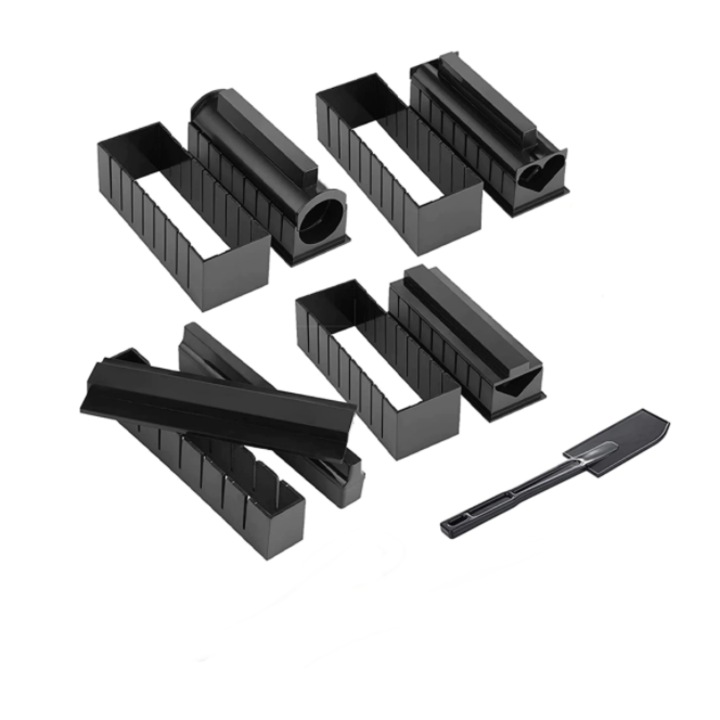 Sushi előkészítő készlet 9 darab, 1 spatula, 8 különböző forma, műanyag, fekete