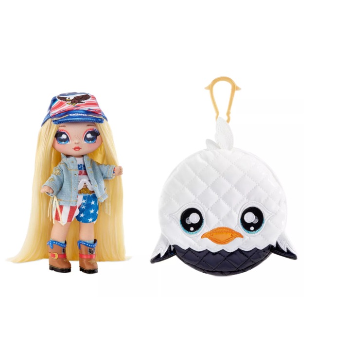 Baba szett Na! N/A! N/A! Meglepetés, Erika Featherton táskával, szőke haj, 15 cm