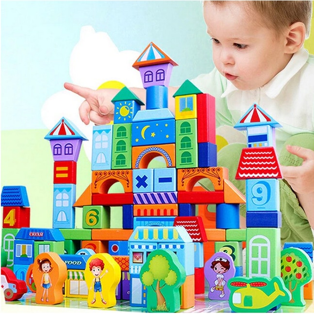 Set 100 de cuburi educative din lemn natural pentru copii, SOLTOY ...