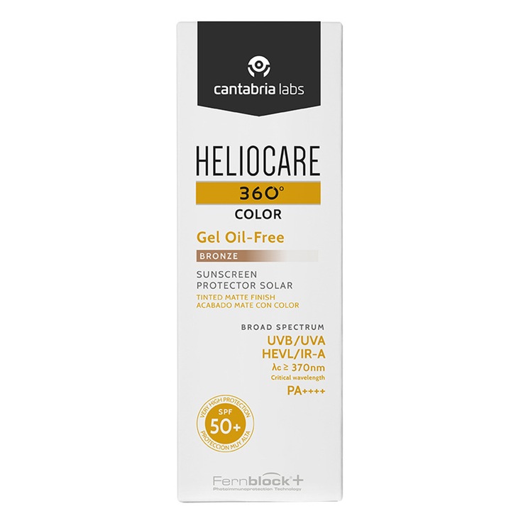 Слънцезащитен гел за лице Cantabria Heliocare 360º SPF50+ Bronze, С цветни пигменти и матиращ ефект, Оil-free, 50 мл