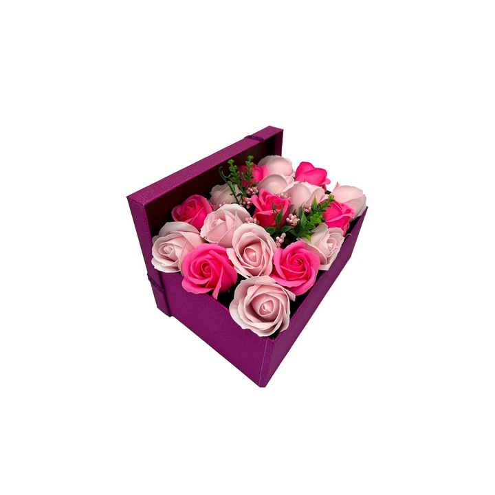Aranjament MIRA - 17 Trandafiri de sapun, 2 Nuante de roz, Cutie mov, Sclipitoare, 25-30cm