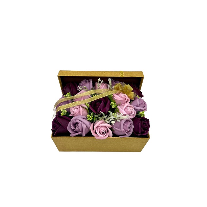 Aranjament MIRA - 17 Trandafiri de sapun, Nuante de mov, Cutie aurie, Sclipitoare, 25-30cm