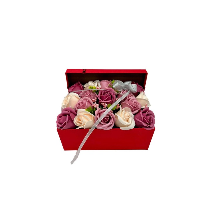 Aranjament Mira, 17 Trandafiri de sapun, Nuante de roz, Cutie rosie, Sclipitoare, 25-30cm