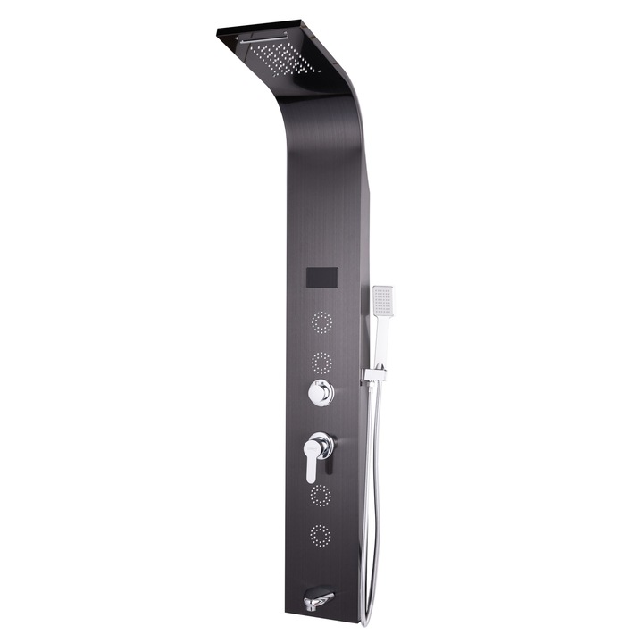 TRENDY'S zuhanypanel, rozsdamentes acél, hidromasszázzsal, 5 funkciós, Digital Thermo, LED-del, szatén fekete