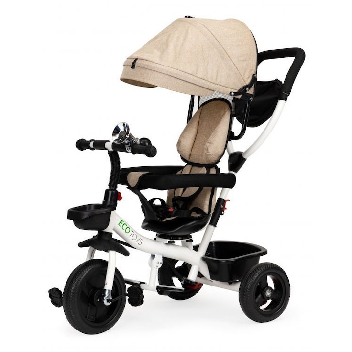 Tolható baba tricikli 360°-ban forgatható üléssel, tárolóval, nappellenzővel, bézs