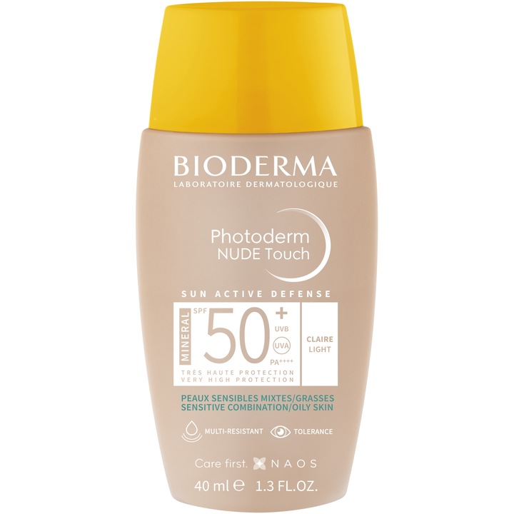 Fluid cu protectie solara Bioderma Photoderm Nude Touch Mineral SPF 50+ nuanta deschisa, pentru ten mixt si gras, 40 ml