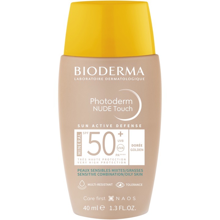 Fluid cu protectie solara Bioderma Photoderm Nude Touch Mineral SPF 50+ nuanta aurie, pentru ten mixt si gras, 40 ml