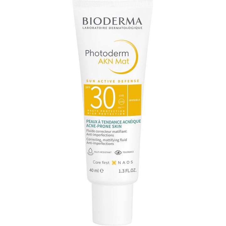 Fluid matifiant cu protectie solara Bioderma Photoderm AKN Mat SPF 30 pentru ten mixt si gras, 40 ml