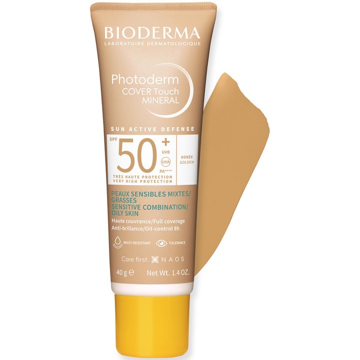 Bioderma Photoderm Cover Touch SPF 50+ Napvédő folyadék, arany árnyalatú, vegyes és zsíros bőrre, 40 ml
