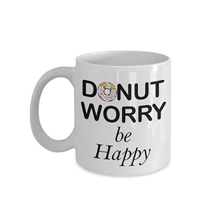 Cana alba personalizata, model Donut Worry Be Happy, 330 ml