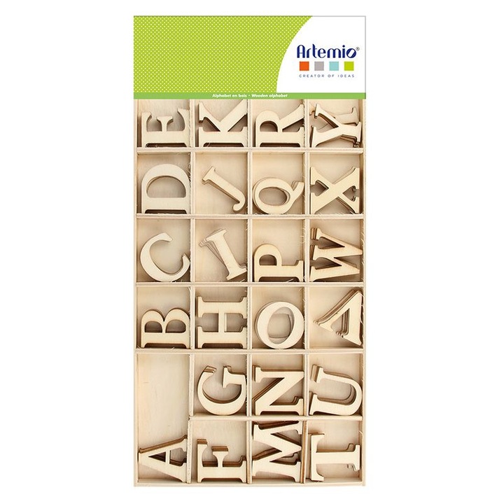 Set 130 litere alfabet, Artemio, Lemn, 3x0.2 cm, Bej