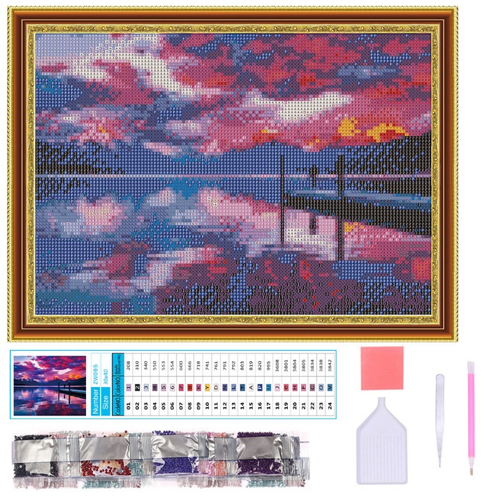 Set pictura cu diamant 5D DIY, AMTMBS, Model apus, 30x40 cm, Multicolor