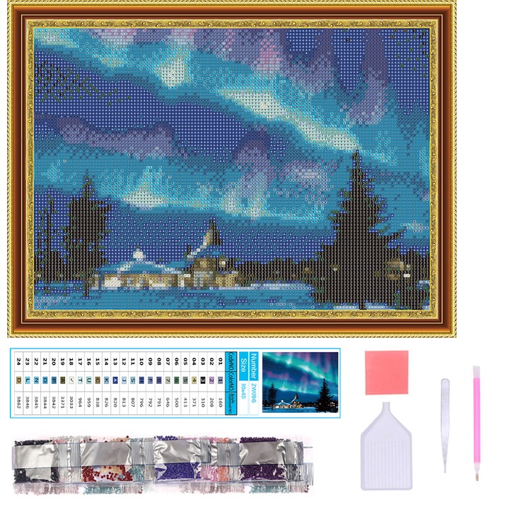 Set pictura cu diamant 5D DIY, AMTMBS, Model aurora, 30x40 cm, Multicolor