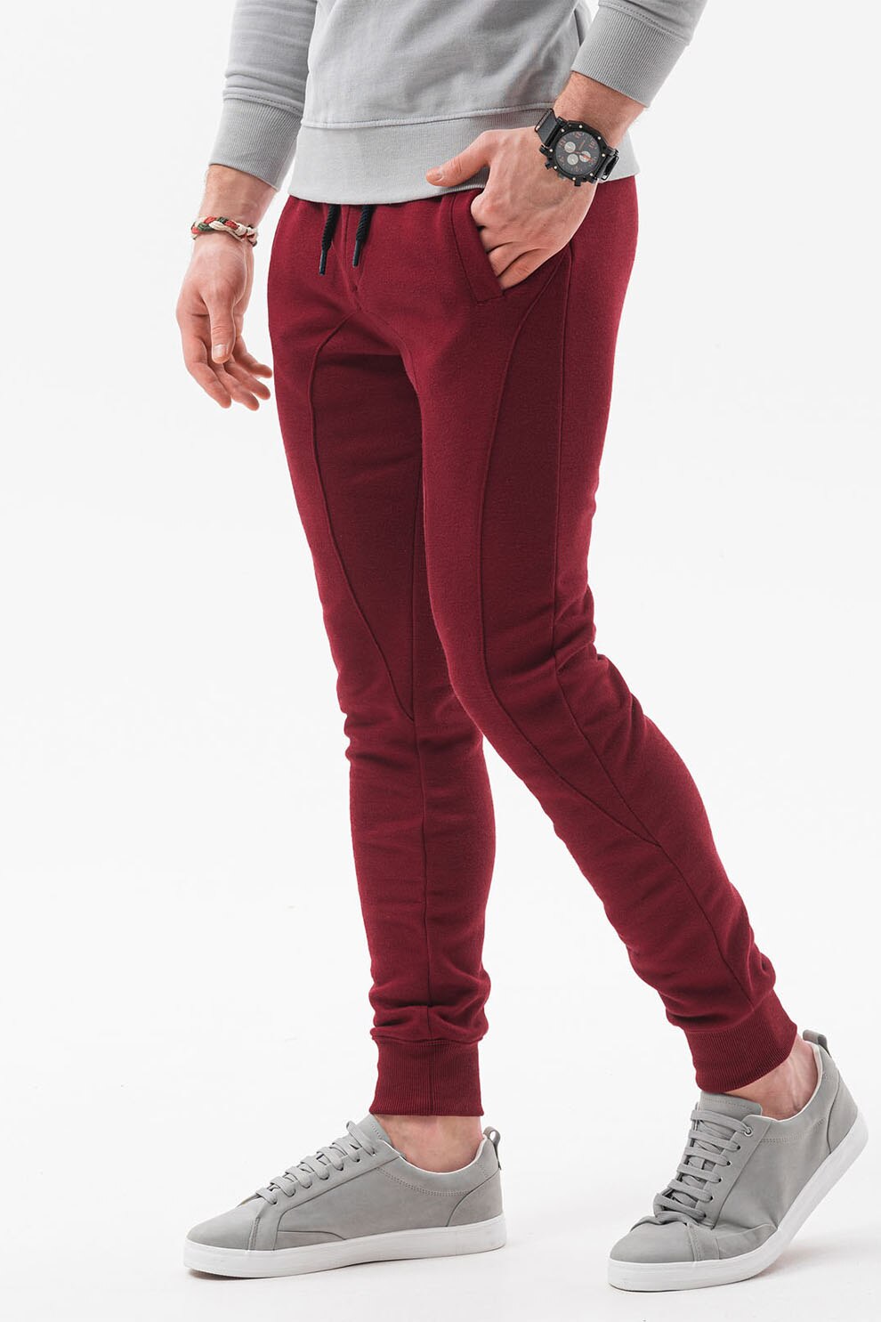 OMBRE, Pantaloni sport cu cusaturi accentuate, Rosu inchis, 2XL