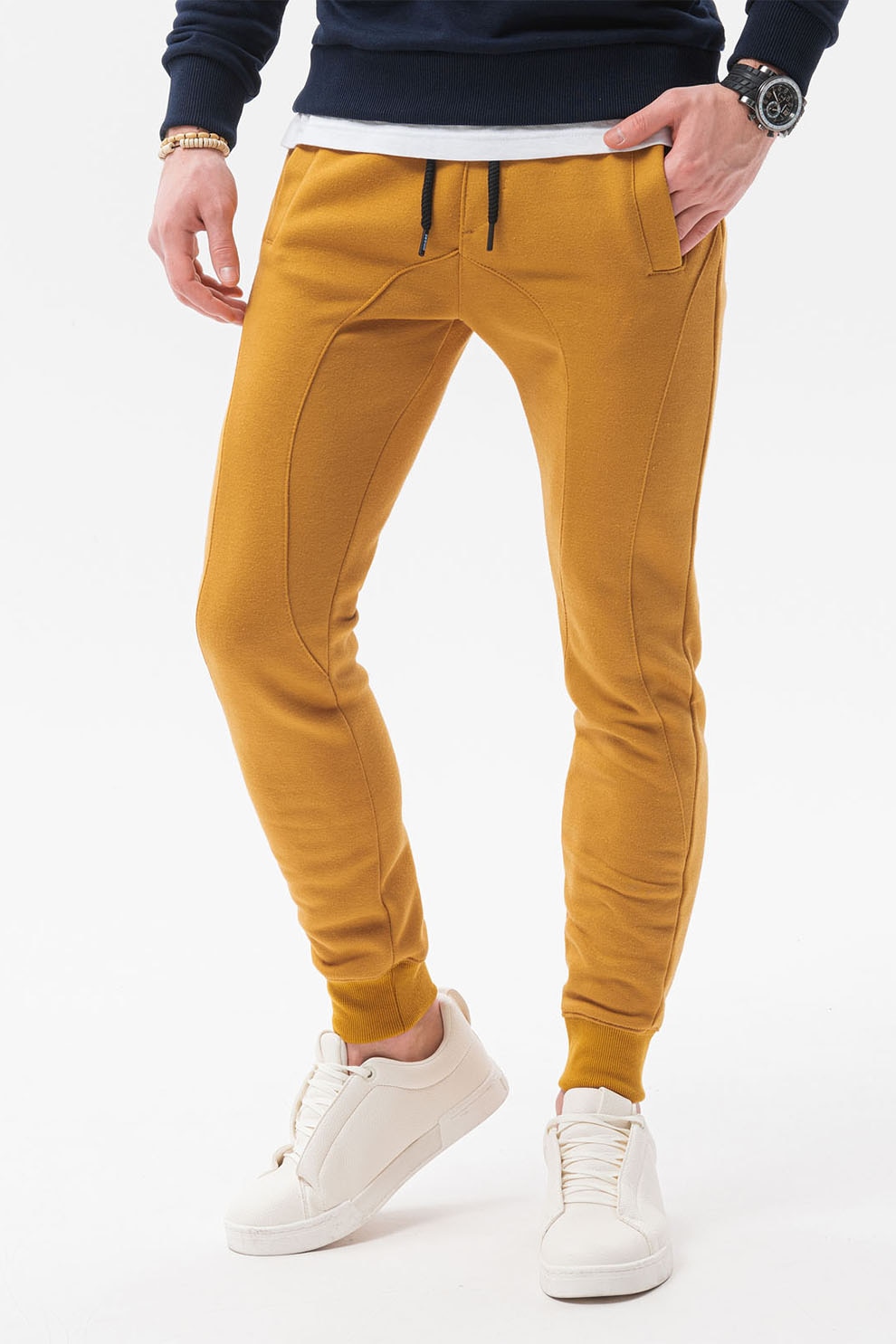 OMBRE, Pantaloni sport cu cusaturi accentuate, Galben mustar, 2XL
