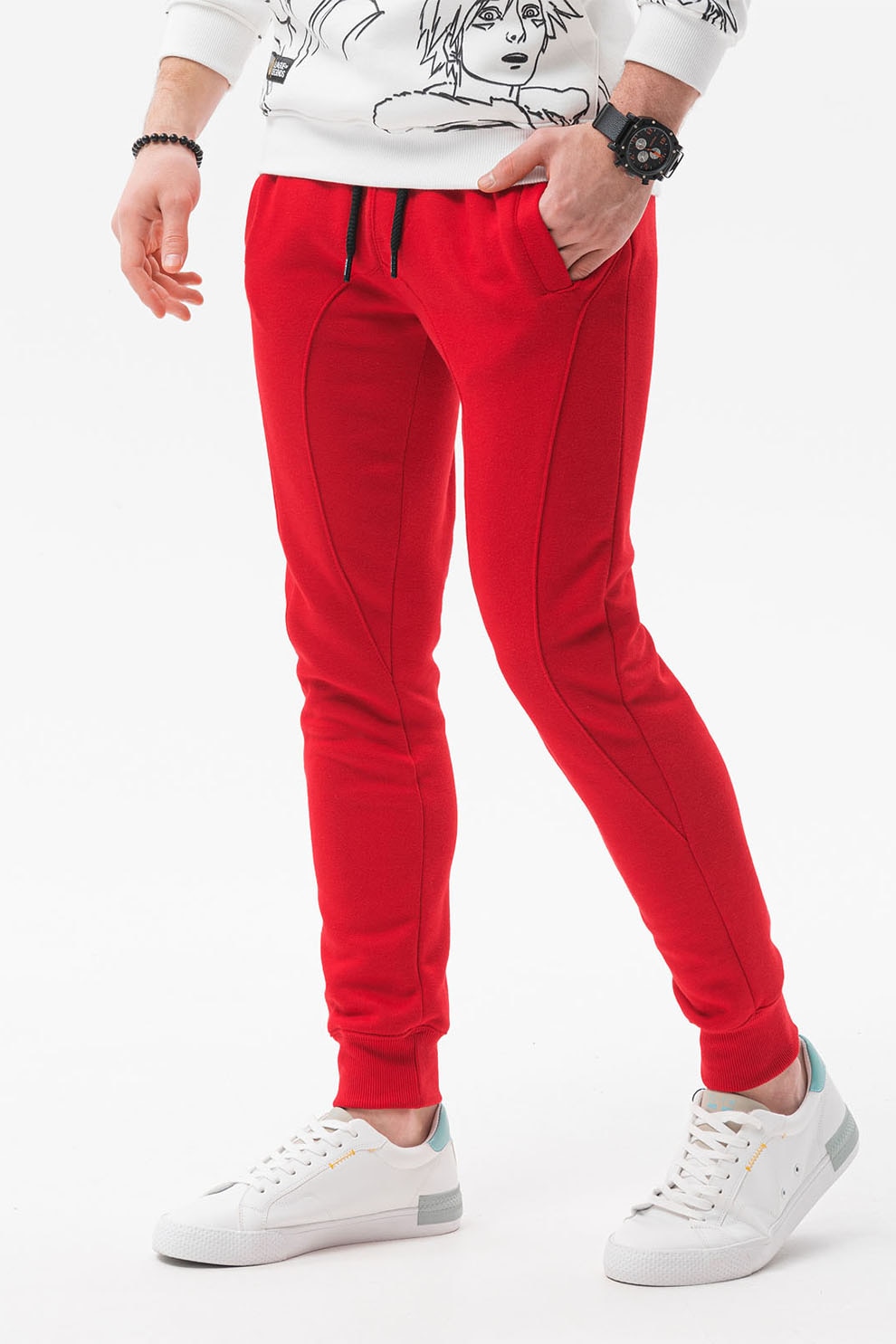 OMBRE, Pantaloni sport cu cusaturi accentuate, Rosu, 2XL