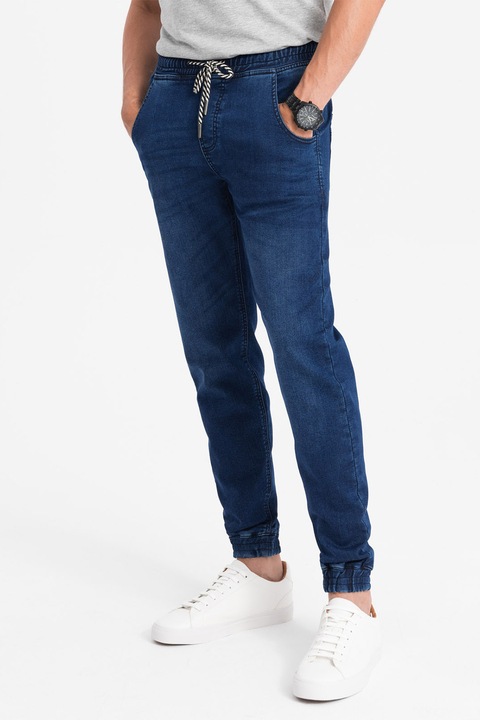 OMBRE, Pantaloni jogger din denim cu talie ajustabila, Albastru