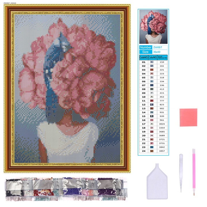 Set pictura cu diamant 5D DIY, AMTMBS, Model femeie/flori, 30x40 cm, Multicolor