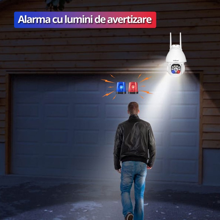 Camera de supraveghere 8MP WIFI Sricam SH039B Plus SriHome, Exterior, UltraHD 4K, Conectare Telefon / PC, Night Vision Color, Alarma, Auto Tracking, Rezistenta la Apa, alb