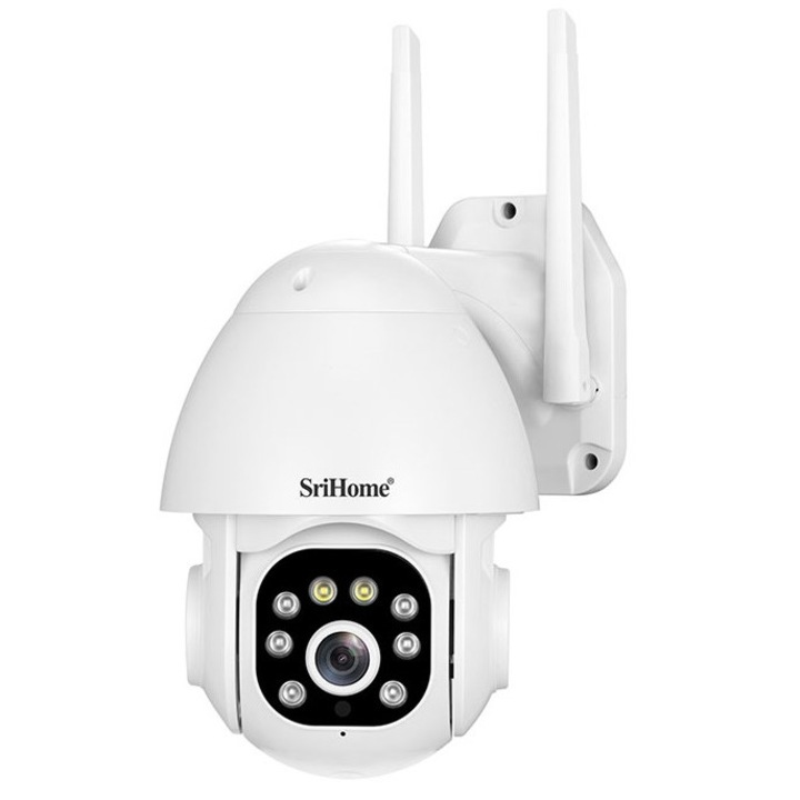 Camera de supraveghere IP WIFI Sricam SH039B Plus SriHome, Exterior, FullHD 3MP, Conectare Telefon / PC, Night Vision Color, Alarma, Auto Tracking, Rezistenta la Apa, alb