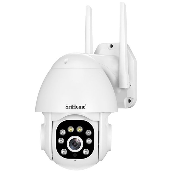 Camera de supraveghere 5MP WIFI Sricam SH039B Plus SriHome, Exterior, UltraHD 4K, Conectare Telefon / PC, Night Vision Color, Alarma, Auto Tracking, Rezistenta la Apa, alb