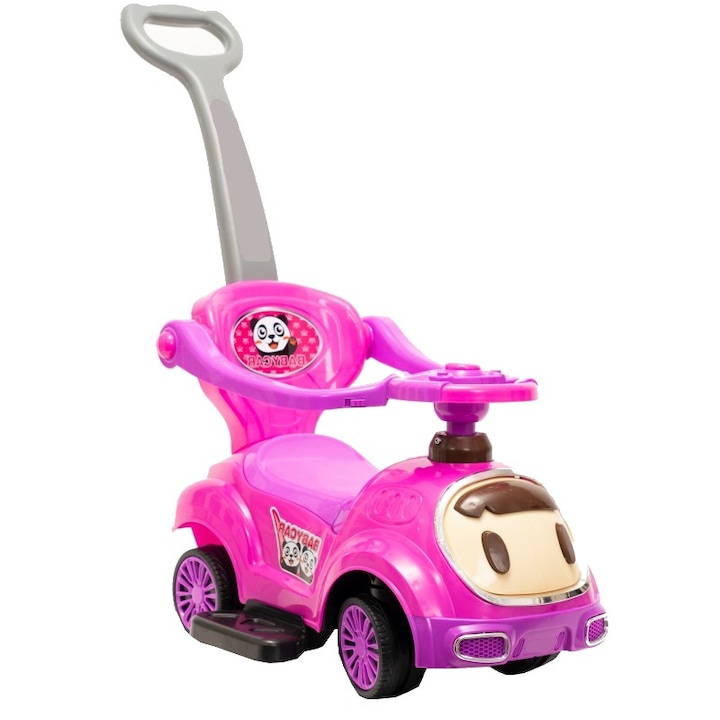 Masinuta copii si bebe NOVOKIDS™ BabyCar, Cu melodii si lumini, Maner de impins pentru parinti detasabil, Functie trotineta fara pedale, Pentru interior si exterior, Roz