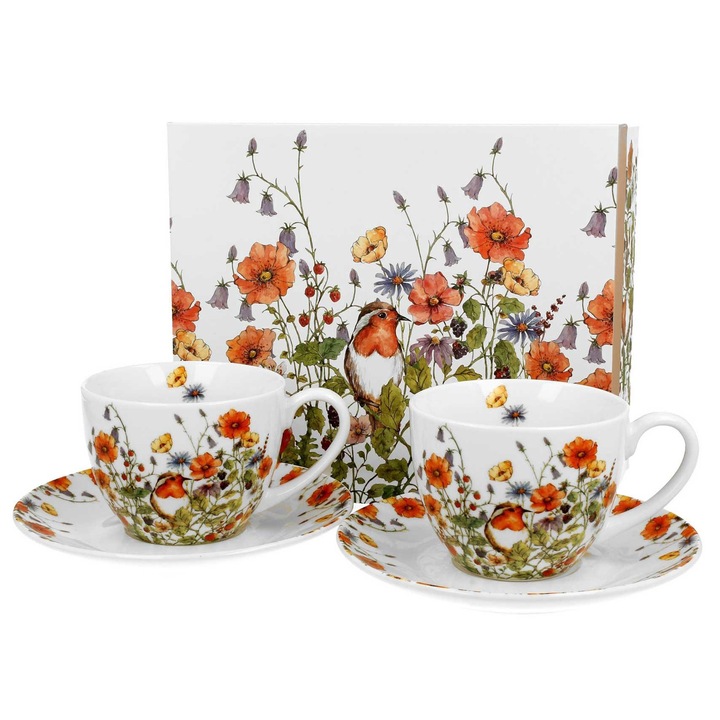 Set 2 cesti cu farfurioare Duo, Wild Bird, portelan, multicolor, 280 ml