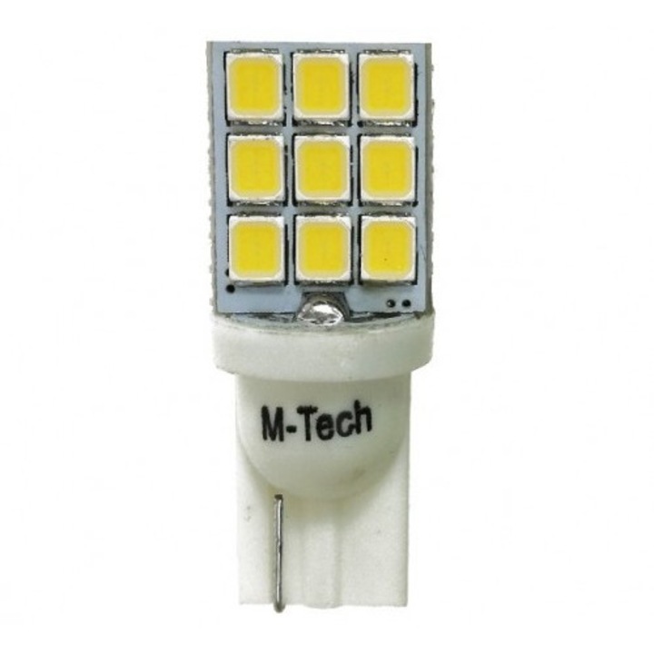 Комплект от 2 LED крушки за кола M-Tech, 9xSMD2835, W5W, T10, 12V, Студено бяло