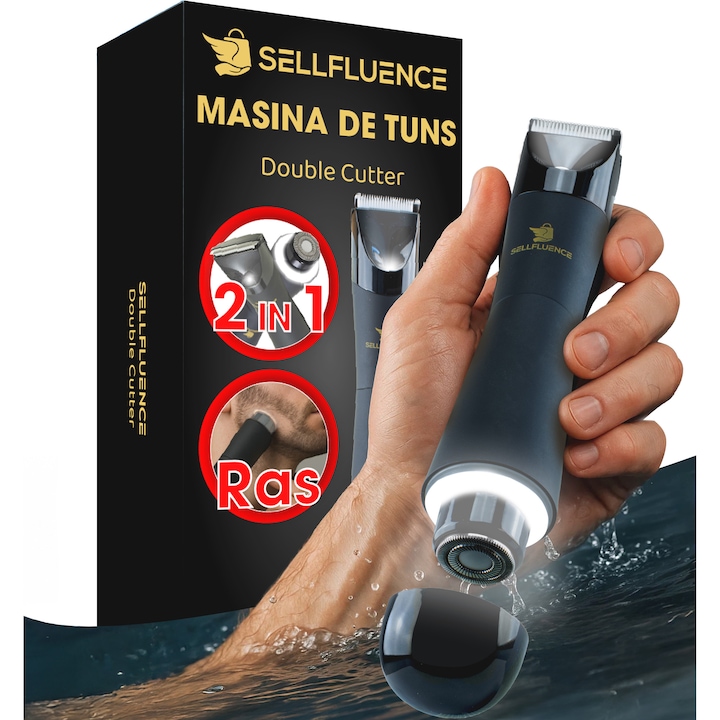 Masina de tuns si ras Sellfluence Double-cutter, inghinal, barba si corp, rezistent la apa, wireless, lumina led, 6000 rpm tuns, 9000 rpm ras, incarcare Type-C
