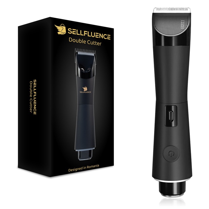 Тример и самобръсначка Sellfluence Double-Cutter Shaver Plus – комбинирана машинка за коса и брада, безжична, водоустойчива IPX5, LED светлина, 6000/9000 rpm, Type-C зареждане, акумулаторна, матово черна