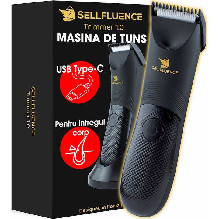Masina de tuns Sellfluence Trimmer 1.0, inghinal, barba si corp, rezistent la apa, wireless, lumina led, 5000 rpm, cu stand, incarcare Type-C