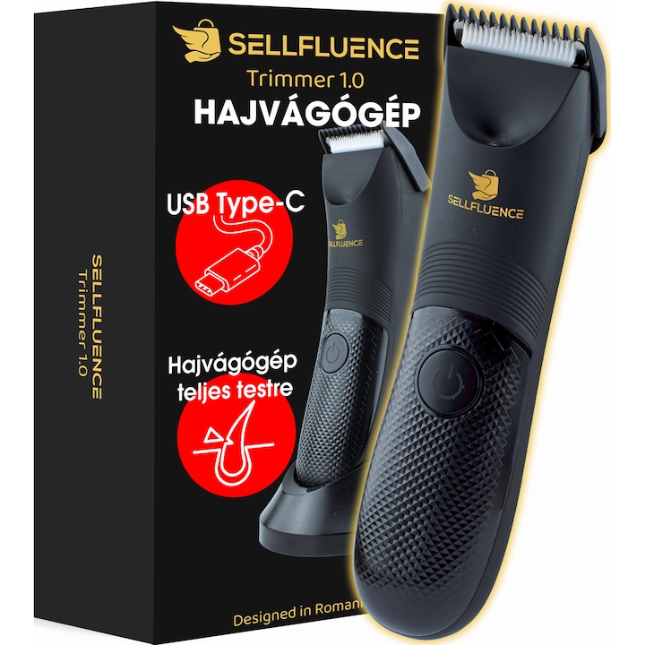 Sellfluence trimmelő, ágyék, szakáll és test, vízálló, vezeték nélküli, led fény, 5000 rpm, állvánnyal, Type-C töltéssel