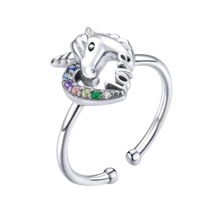 925 ezüst színű, színes egyszarvú állítható gyűrű