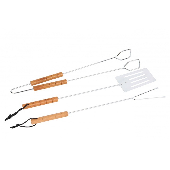 Set 3 ustensile gratar din otel inoxidabil si maner din bambus, 38 cm