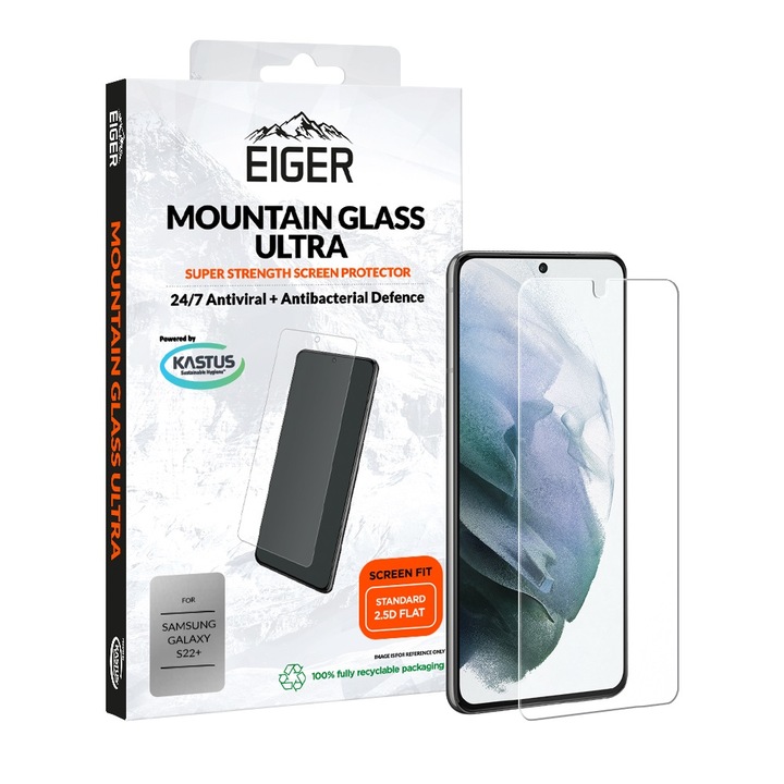 Folie Eiger Sticla 2.5D Mountain Glass Ultra compatibila cu Samsung Galaxy S22 Plus Clear, 0.33mm, 9H, antimicrobian