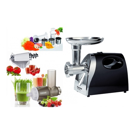 Pachet masina de tocat Zass ZMG 04 cu accesoriu storcator rosii Zass ZJAMG 04, accesoriu storcator lent Zass ZSJA 01 si accesoriu razatoare Zass ZVSA 01