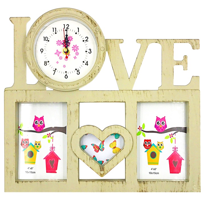 Rama foto ceas LOVE, Rhainer, crem, 2 poze 10x15 si 1 poza 7x8.5cm