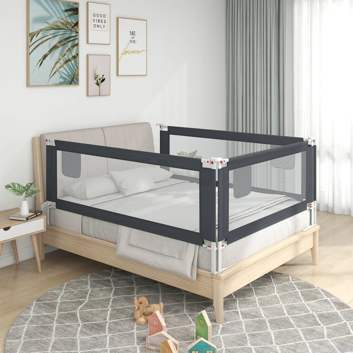 Balustradă de protecție pentru pat copii, Gossi, gri închis, 140x25 cm, textil