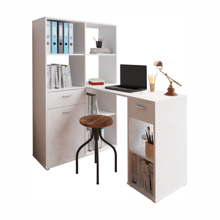 Birou cu etajera din pal melaminat alb Mineson 90x35x145 cm