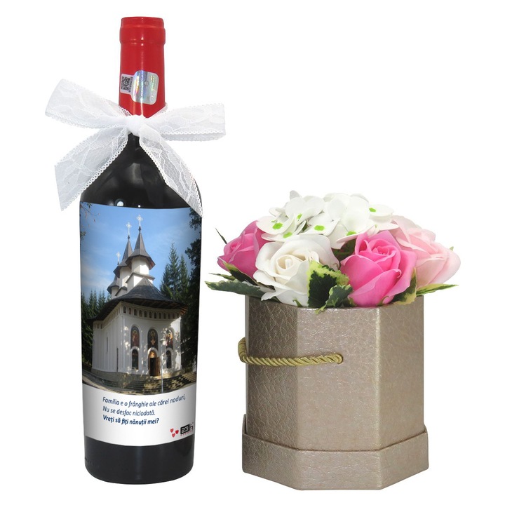 Cadou Cerere Nasi Botez- sticla vin personalizata & aranjament flori, ILIF203072 - 23h Events