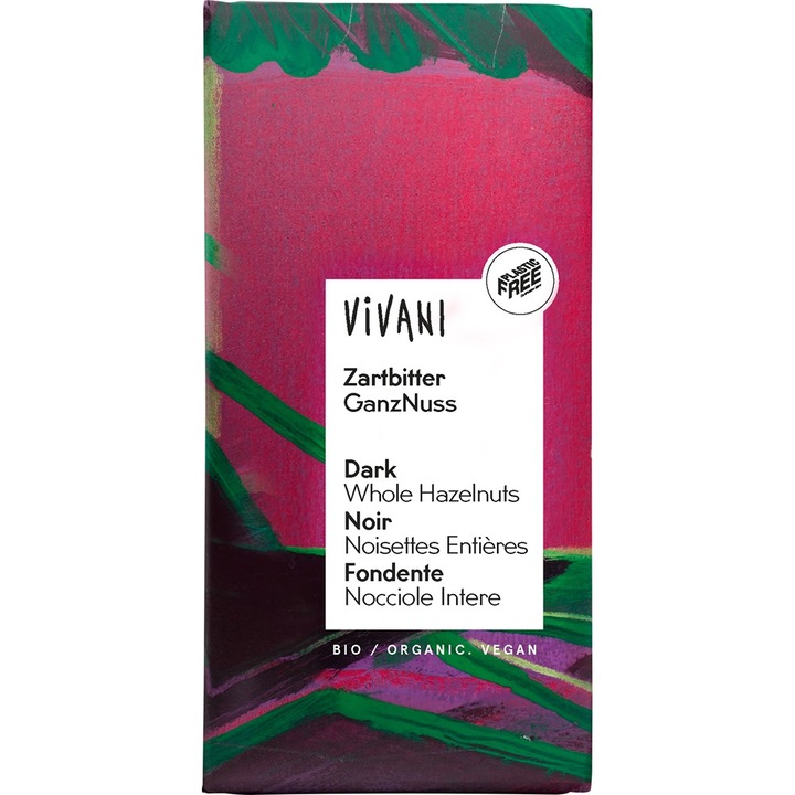 Ciocolata amaruie cu alune si migdale, vegana bio, 100g, Vivani