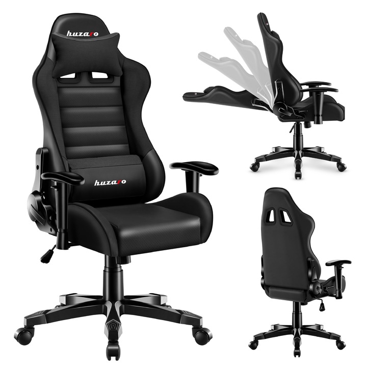 Scaun Gaming pentru copii Huzaro Ranger 6.0, Piele ecologica, Recliner, Negru