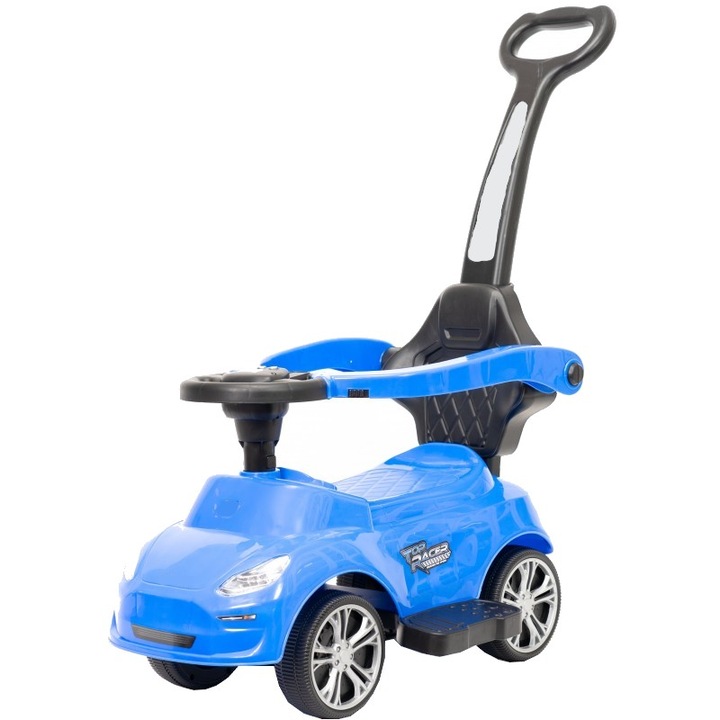 Masinuta copii si bebe NOVOKIDS™ Top Racer, Cu melodii si lumini, Maner de impins pentru parinti detasabil, Functie trotineta fara pedale, Pentru interior si exterior, Albastru