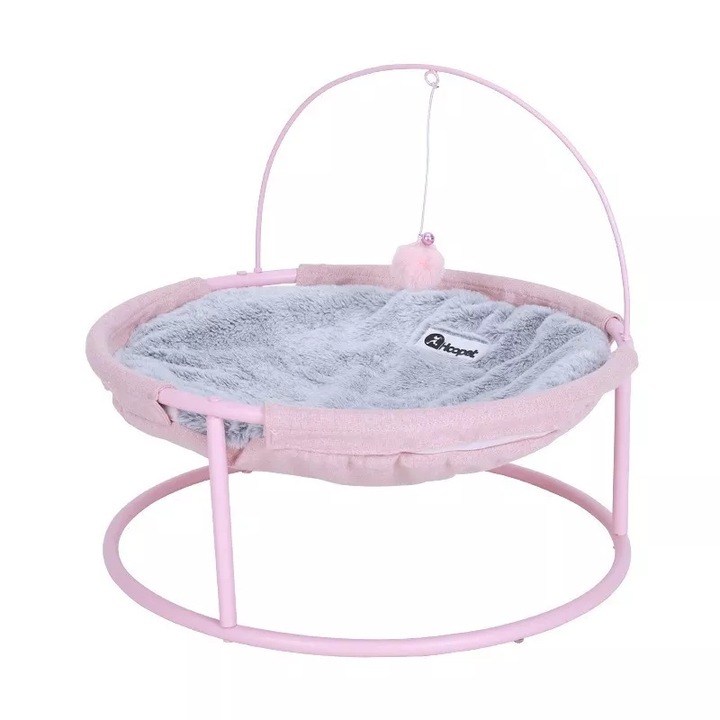 Culcus stil hamac pentru pisici, suport metalic, pernuta pufoasa, roz/gri, 43x45 cm